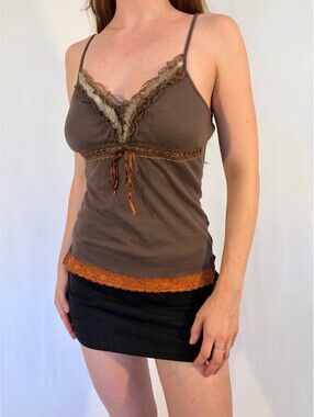Whimsigoth Brown Fur Ribbon Trim Boho Fairy Fall Y2K Cami